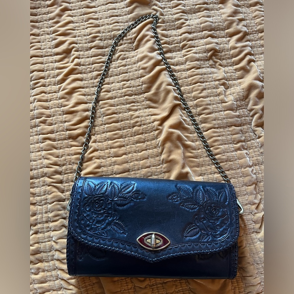 Vintage Black Leather Hand-tooled Purse Detachable Leather Handle and ChainStrap